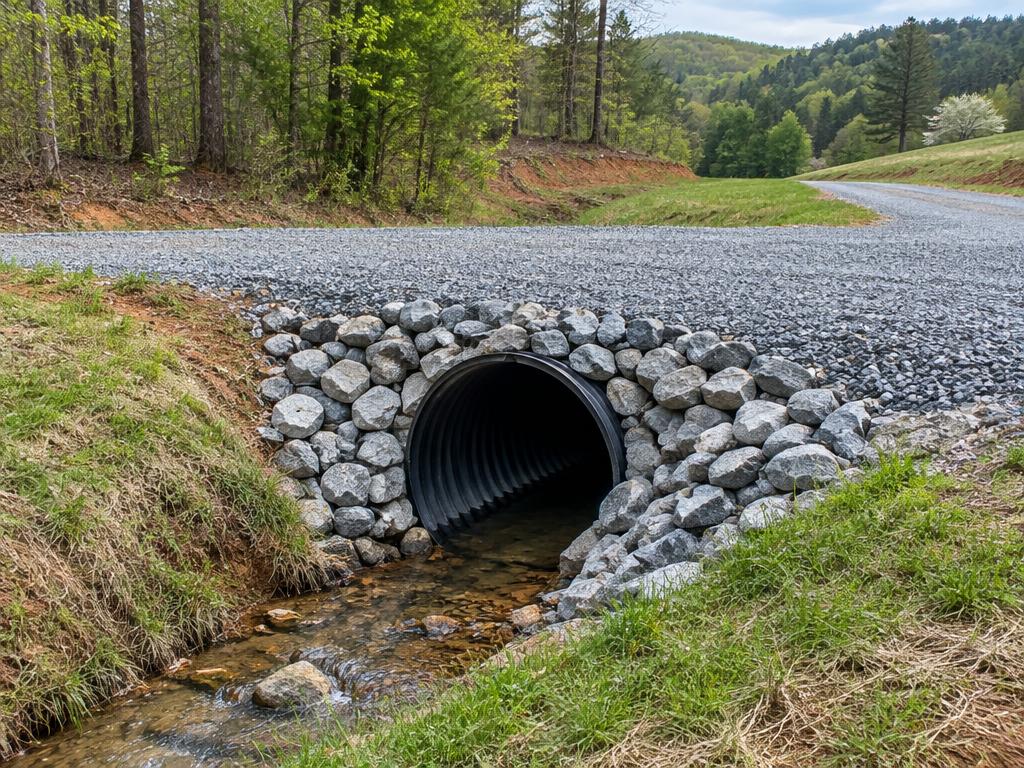 Culvert opening and stone outlet beneath a gravel driveway entrance