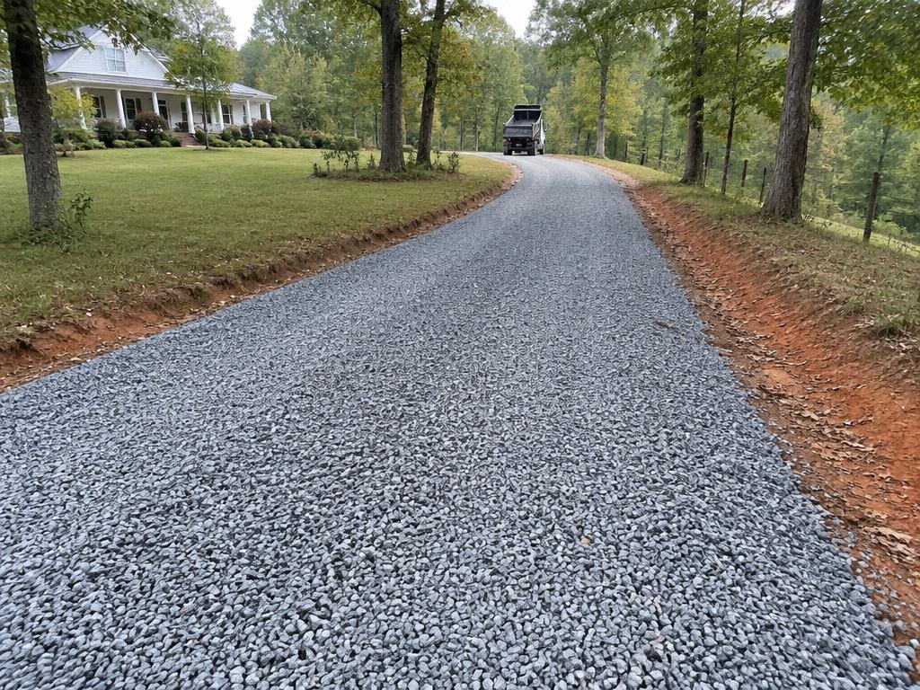 Fresh crushed stone resurfacing on a wooded residential driveway