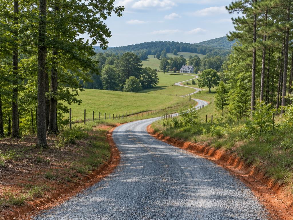 Long gravel driveway winding through rolling North Carolina pasture