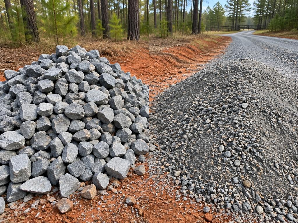 Separate piles of clean crushed stone and crusher run beside a driveway