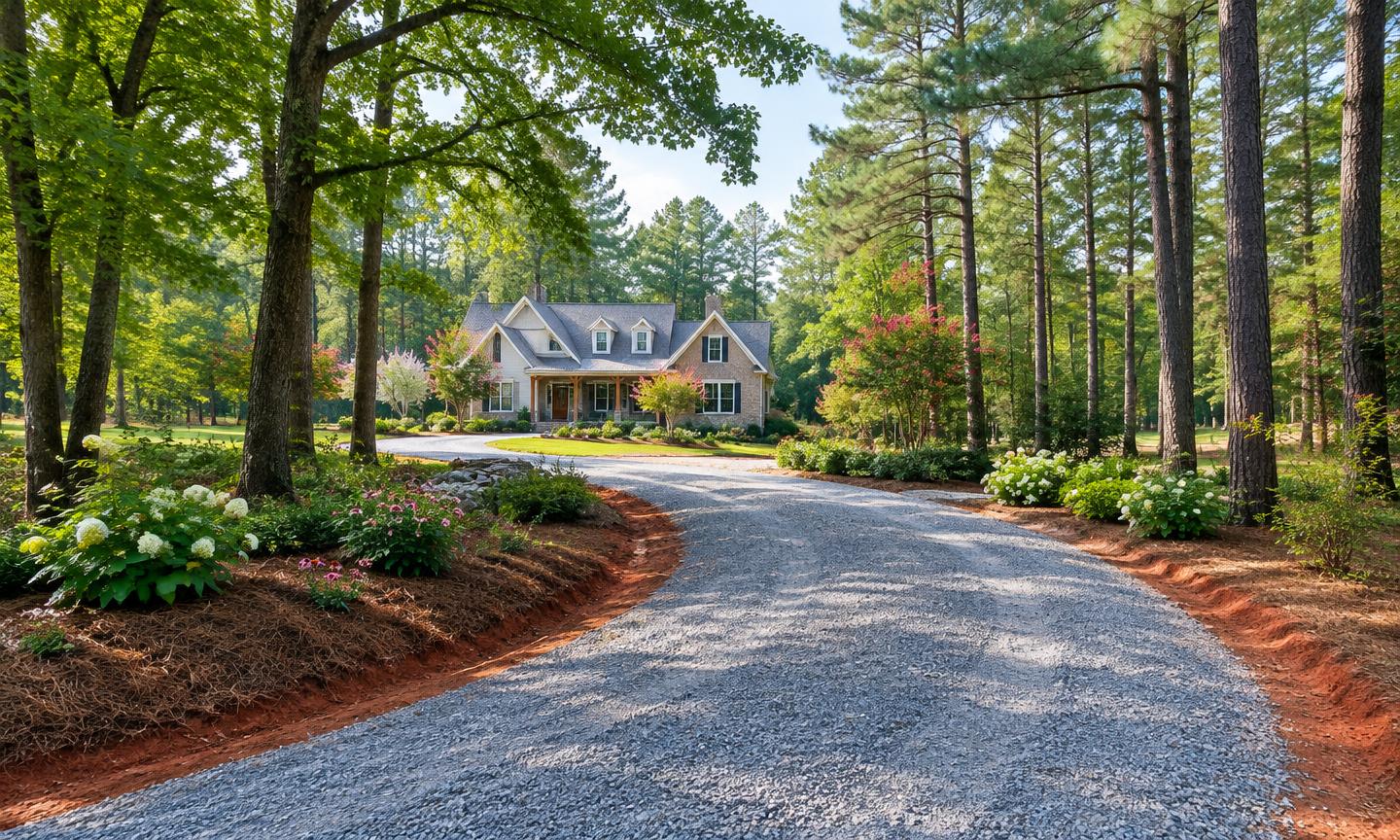 Fresh gravel driveway curving toward a home with a flowering North Carolina garden
