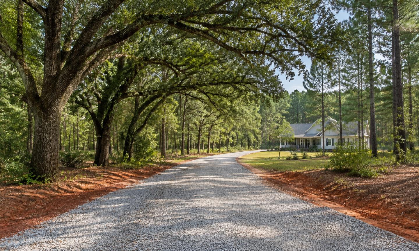 Gray gravel driveway beneath mature North Carolina oak trees toward a home