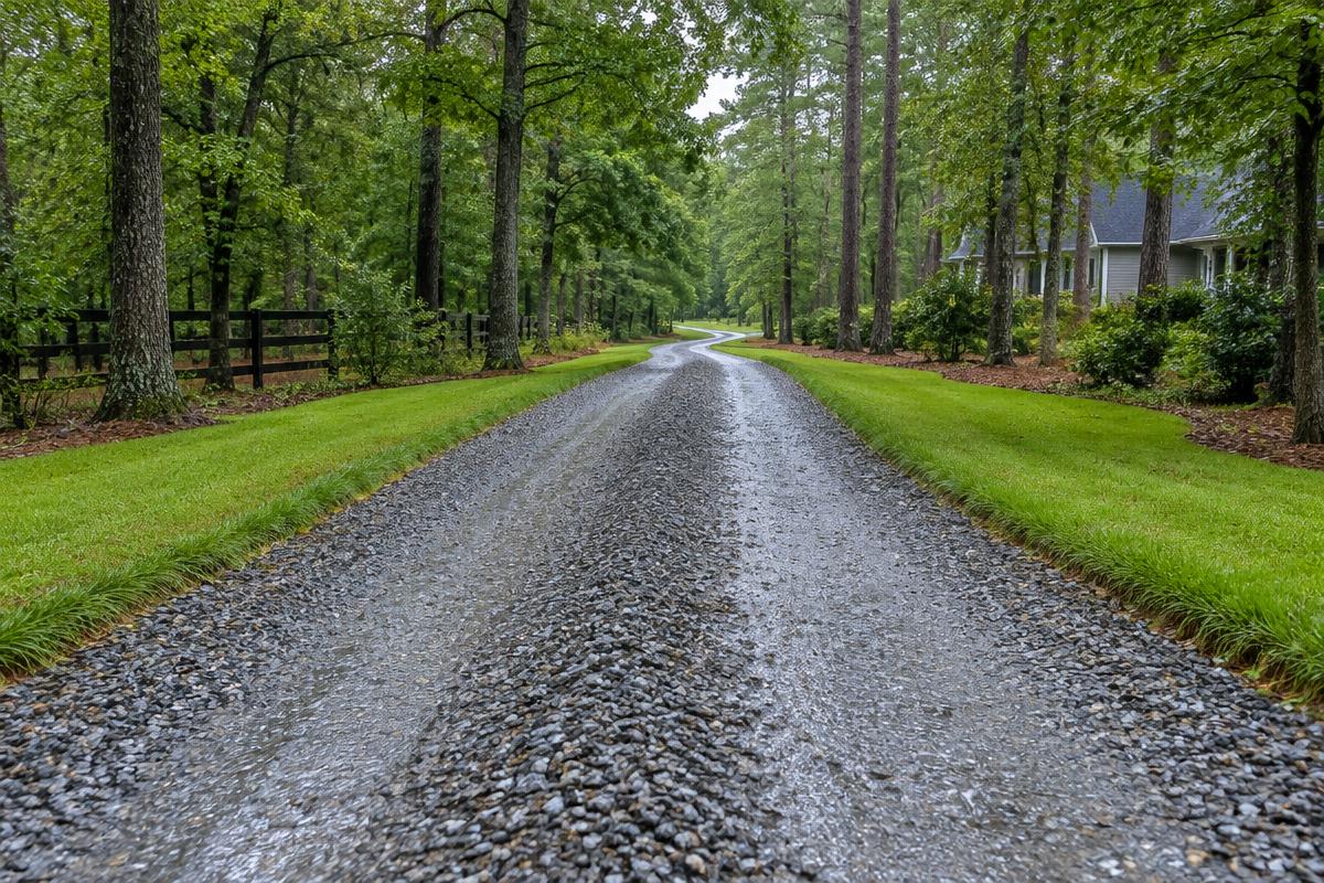 Gravel driveway crown and grass shoulders after rainfall beneath hardwood trees