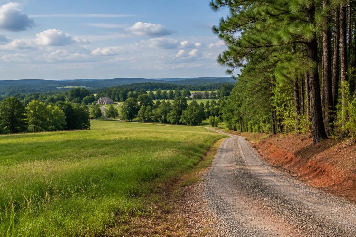 Private gravel lane beside a green North Carolina Piedmont meadow and pine trees