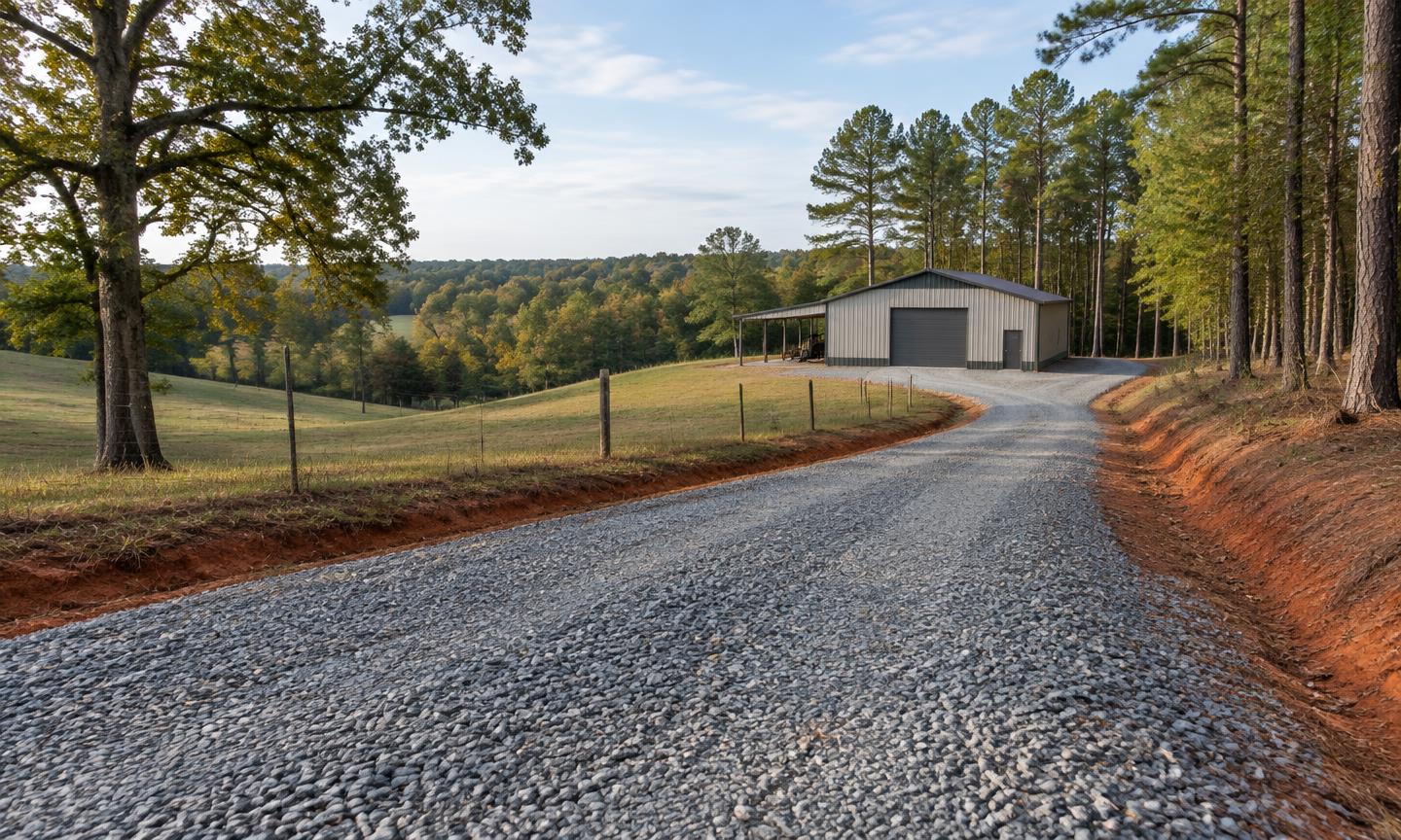 Gravel driveway in a Concord, North Carolina residential Piedmont setting